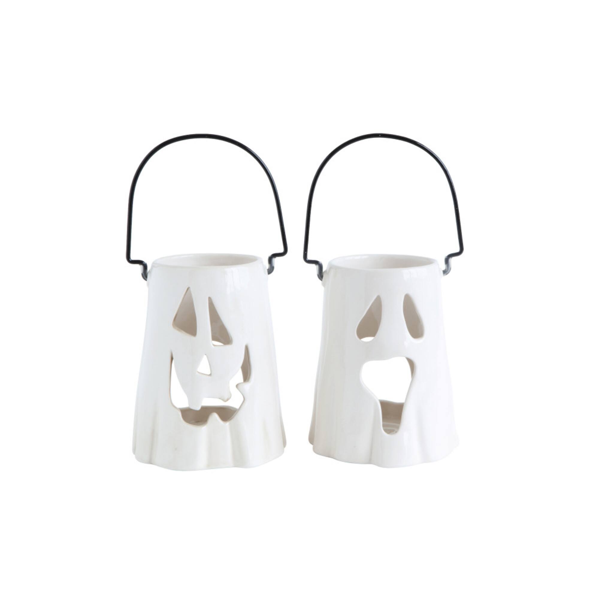 Hello Honey® 6.5" White Ceramic Ghost Face Lantern Set